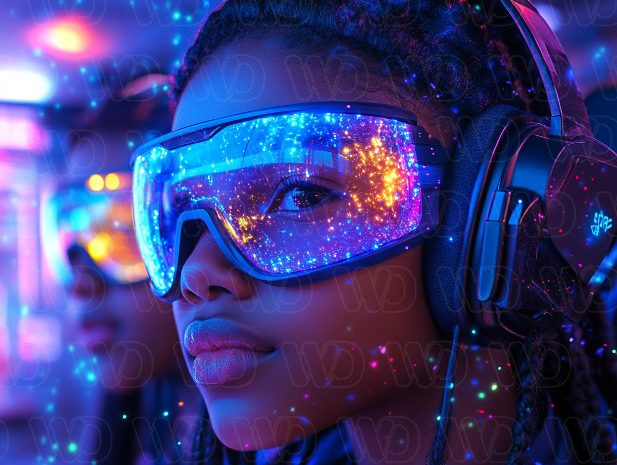 The image shows a futuristic, vibrant scene featuring a young girl wearing large, high-tech augmented reality (AR) or virtual reality (VR) goggles and over-ear headphones. 