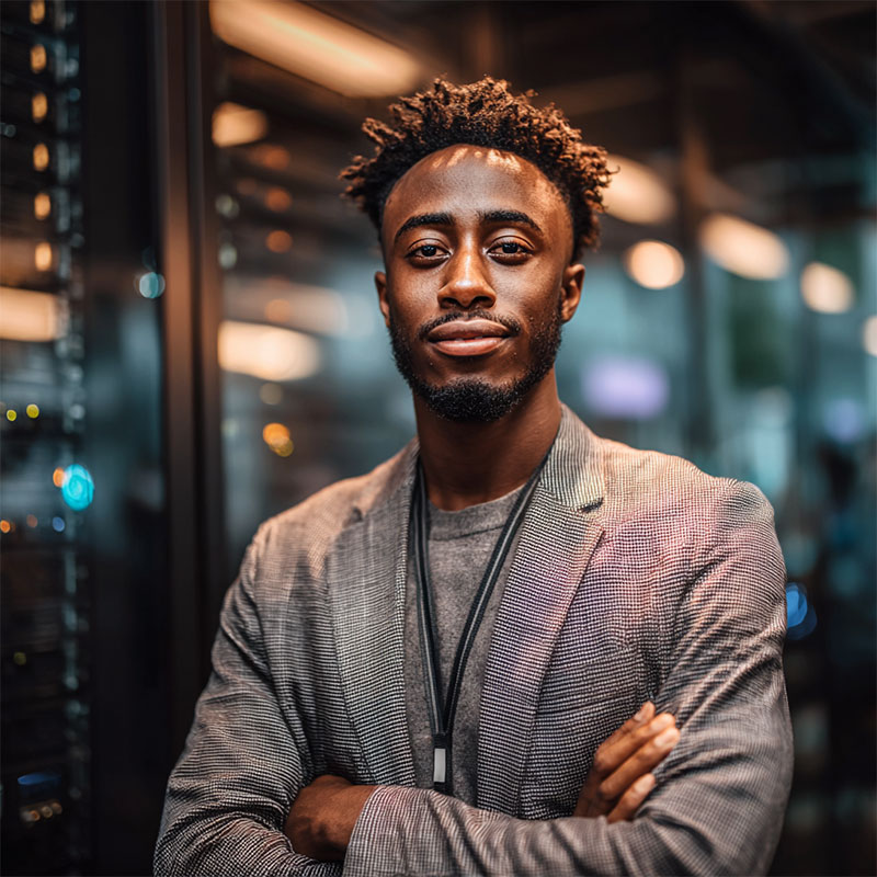 Young man in a business blazer standing in server room with arms folded