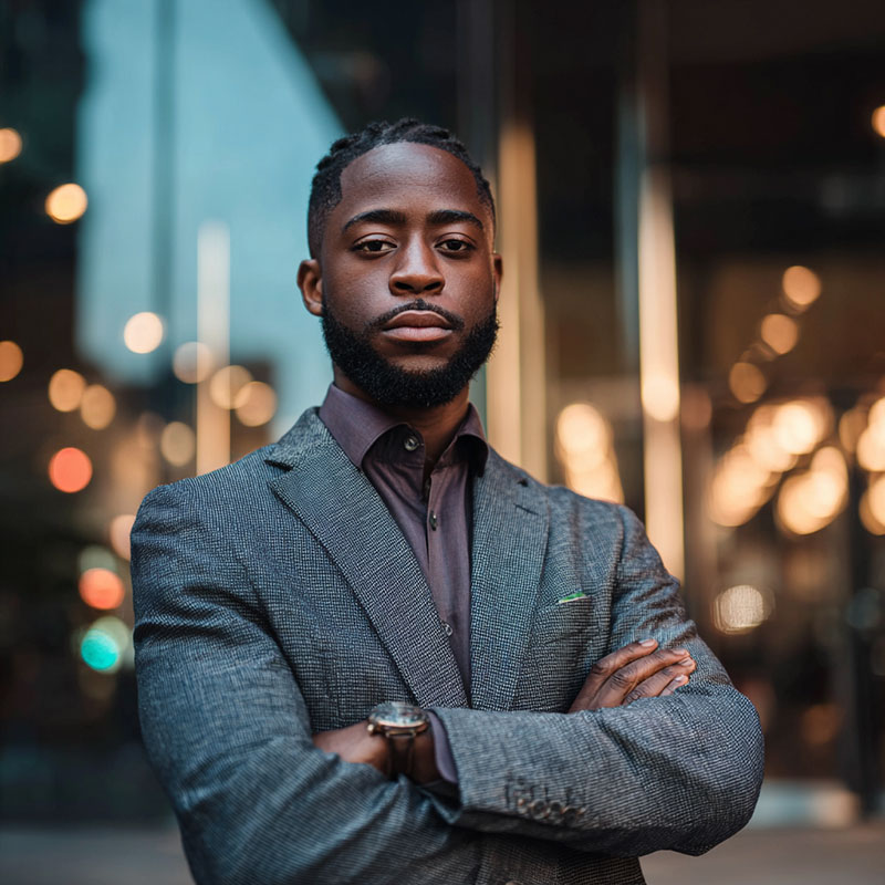 The image shows a confident man standing outdoors in front of a modern glass building with blurred lights in the background.