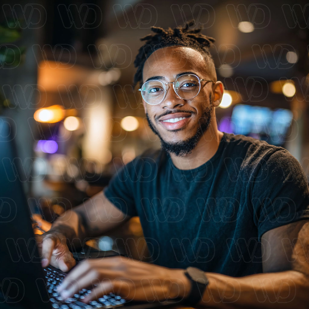 Young black man on computer working on a program. He is, smiling and has a cool hair cut. He is also wearing glasses. 