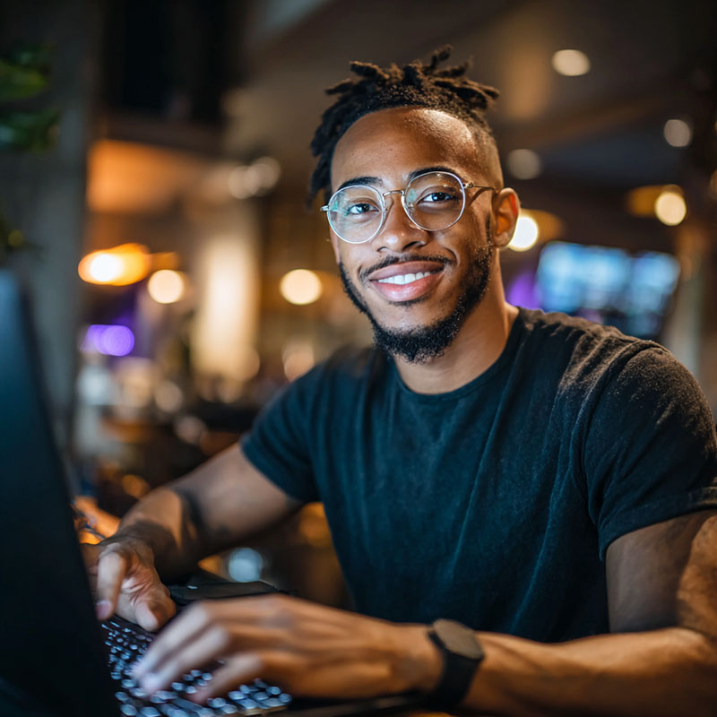 Young black man on computer working on a program. He is, smiling and has a cool hair cut. He is also wearing glasses. 