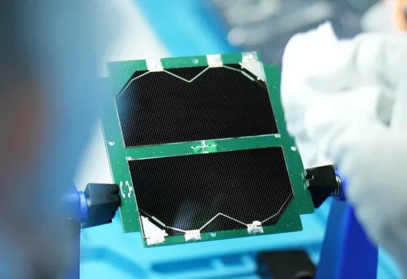 A picture of a Solar Panel developed by Dhruva Space for TU Wien's SpaceTeamSat1 (STS1).