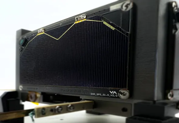 A cinematic zoomed-in picture of Dhruva Space's P-DoT CubeSat.