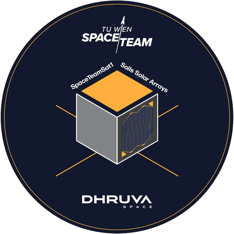A mission patch designed by Dhruva Space for TU Wien's SpaceTeamSat1 (STS1).
