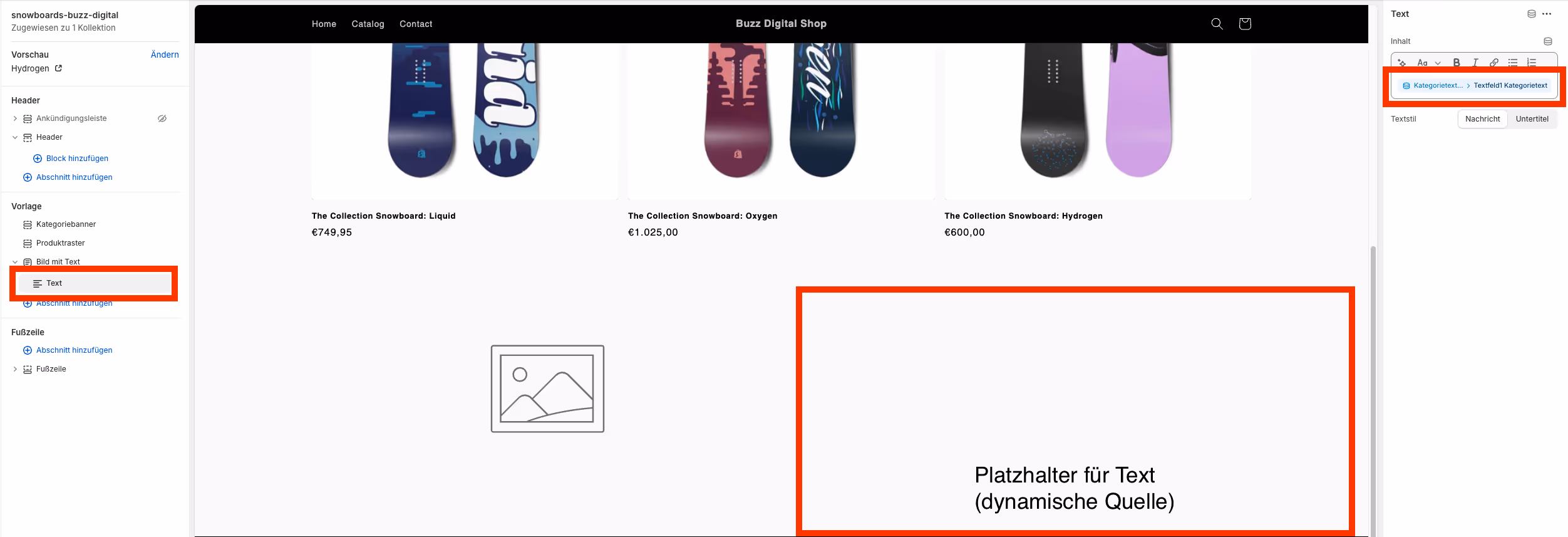 Shopify Theme Editor mit Metaobjekt Text für dynamische Datenquelle verbinden. Praxisbeispiel Buzz Digital