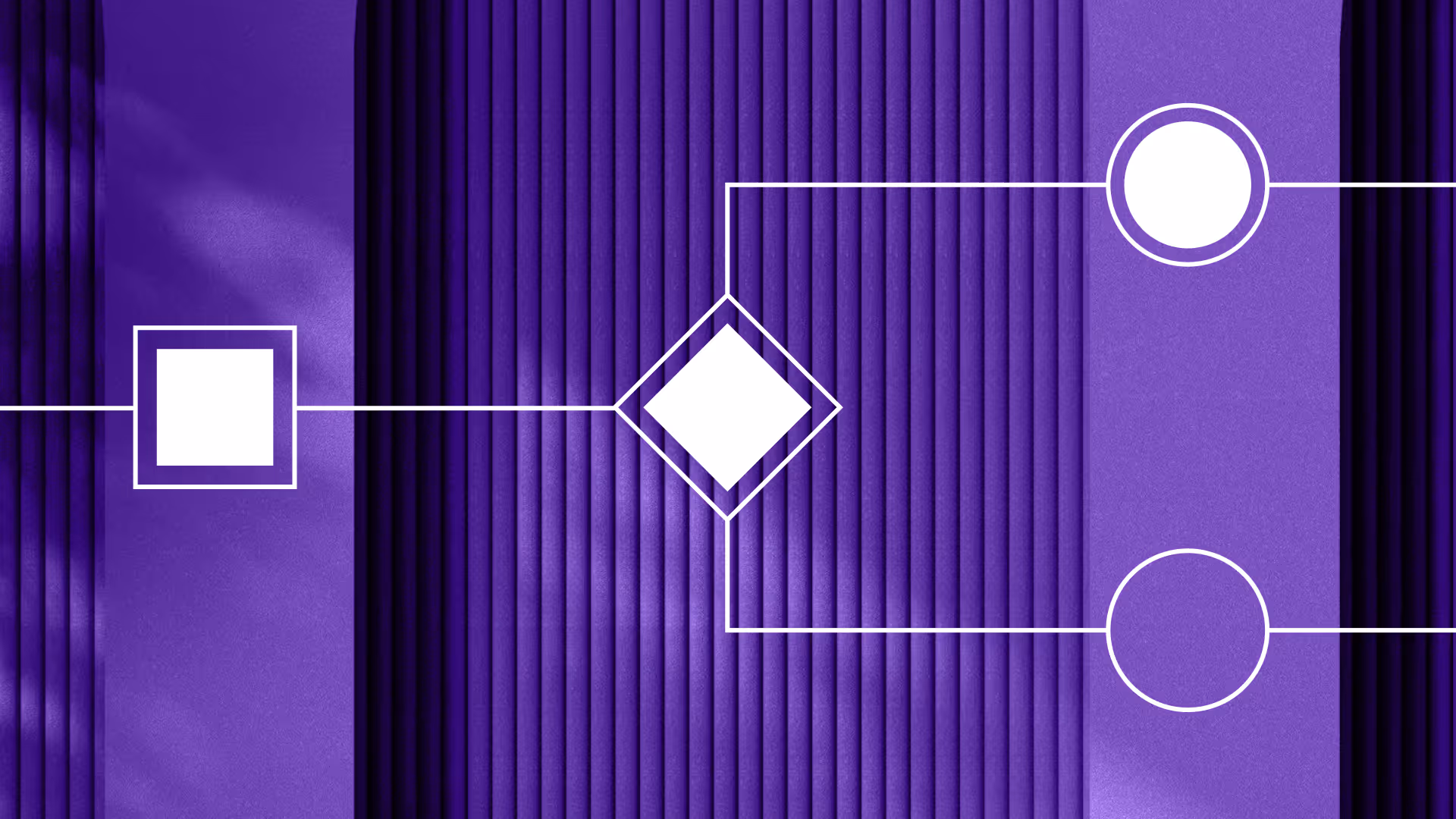 Purple abstract background with white connected geometric shapes including squares, diamond, and circles.