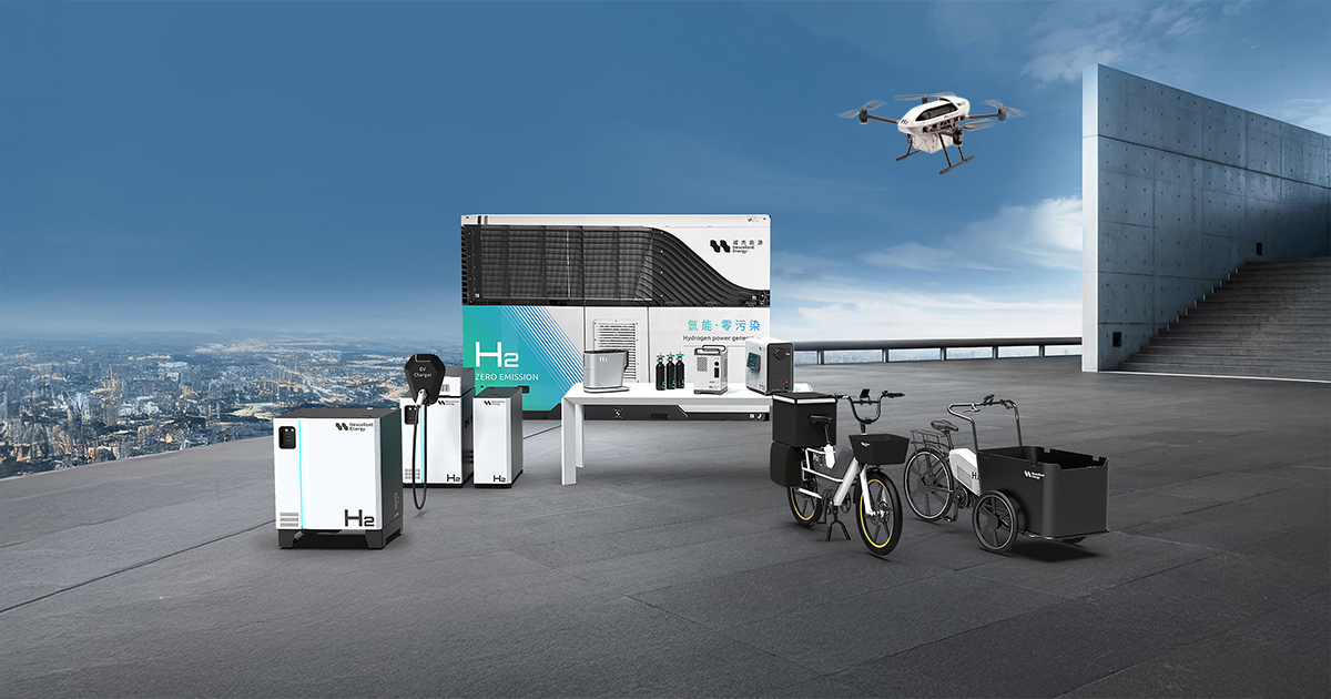 Nexcellent Energy's complete hydrogen product line exhibition, featuring a hydrogen power generator, hydrogen storage cylinders, a hydrogen drone, a hydrogen electric bike, a hydrogen cargo tricycle, an EV charging station, and related components. The image highlights the "H2 ZERO EMISSION" technology for transportation and energy storage applications.