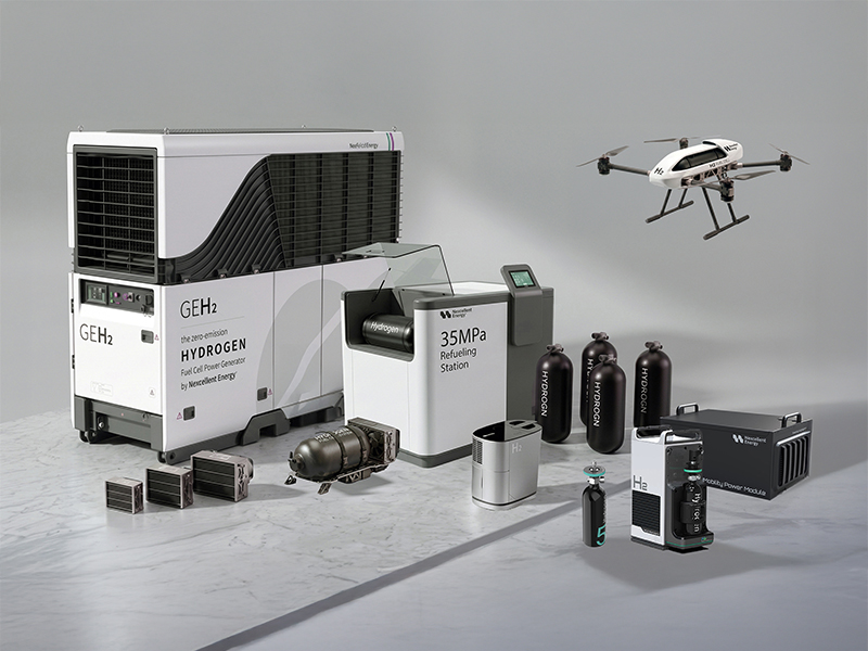 Nexcellent Energy's complete hydrogen product line exhibition, featuring a hydrogen power generator, hydrogen storage cylinders, a hydrogen drone, a hydrogen electric bike, a hydrogen cargo tricycle, an EV charging station, and related components. The image highlights the "H2 ZERO EMISSION" technology for transportation and energy storage applications.