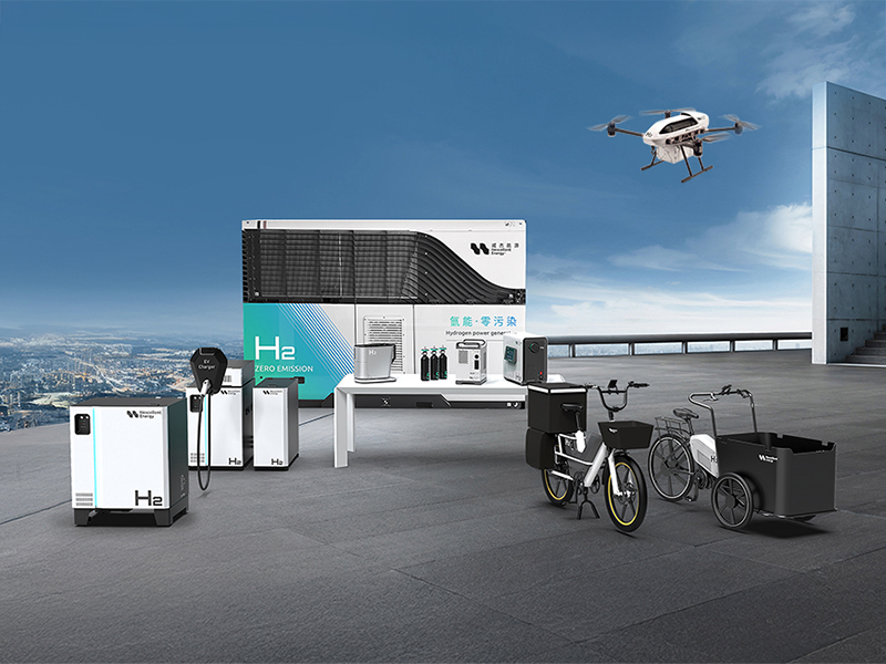 威杰能源（Nexcellent Energy）全系列氫能產品展示圖，包含：氫能發電機、氫氣儲存瓶、氫能無人機、氫能電動自行車、氫能貨運三輪車、氫能電動車充電樁（EV Charger）及相關零組件。圖片強調「H2 零污染」技術，應用場景涵蓋交通與儲能。