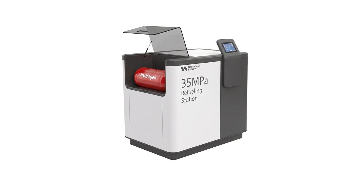 Nexcellent Energy water electrolysis hydrogen generator and 35MPa hydrogen refueling station with a red hydrogen cylinder inside.