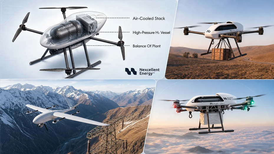 Nexcellent Energy launched a turnkey Hydrogen Power System for heavy-lift drones, overcoming lithium battery limits to boost payload and range. It provides a complete ecosystem with an airframe retrofit kit, on-site hydrogen generation, and rapid vessel swapping.