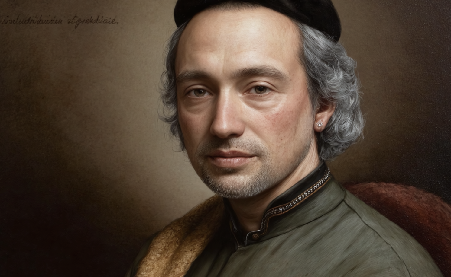 AI-generated face-swap of a Rembrandt van Rijn portrait, created with MakeMeHistory.AI