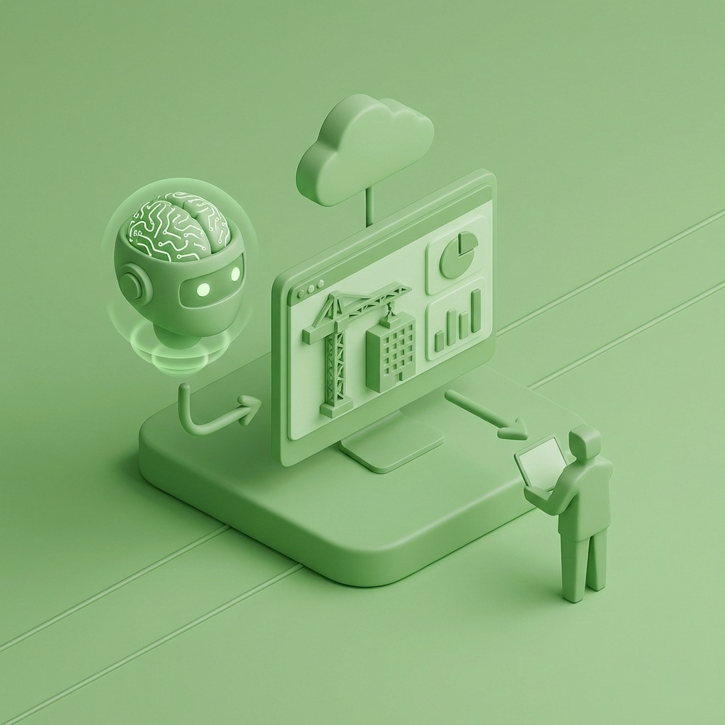 3D green illustration of a robot brain linked to a computer screen displaying construction and data charts, with a person holding a tablet.