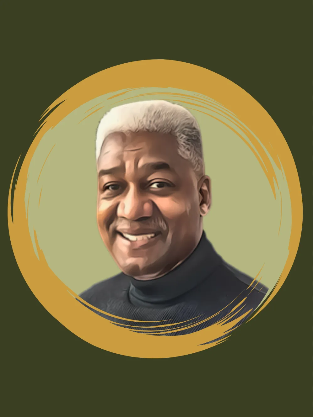 Smiling older man with white hair in black turtleneck portrait