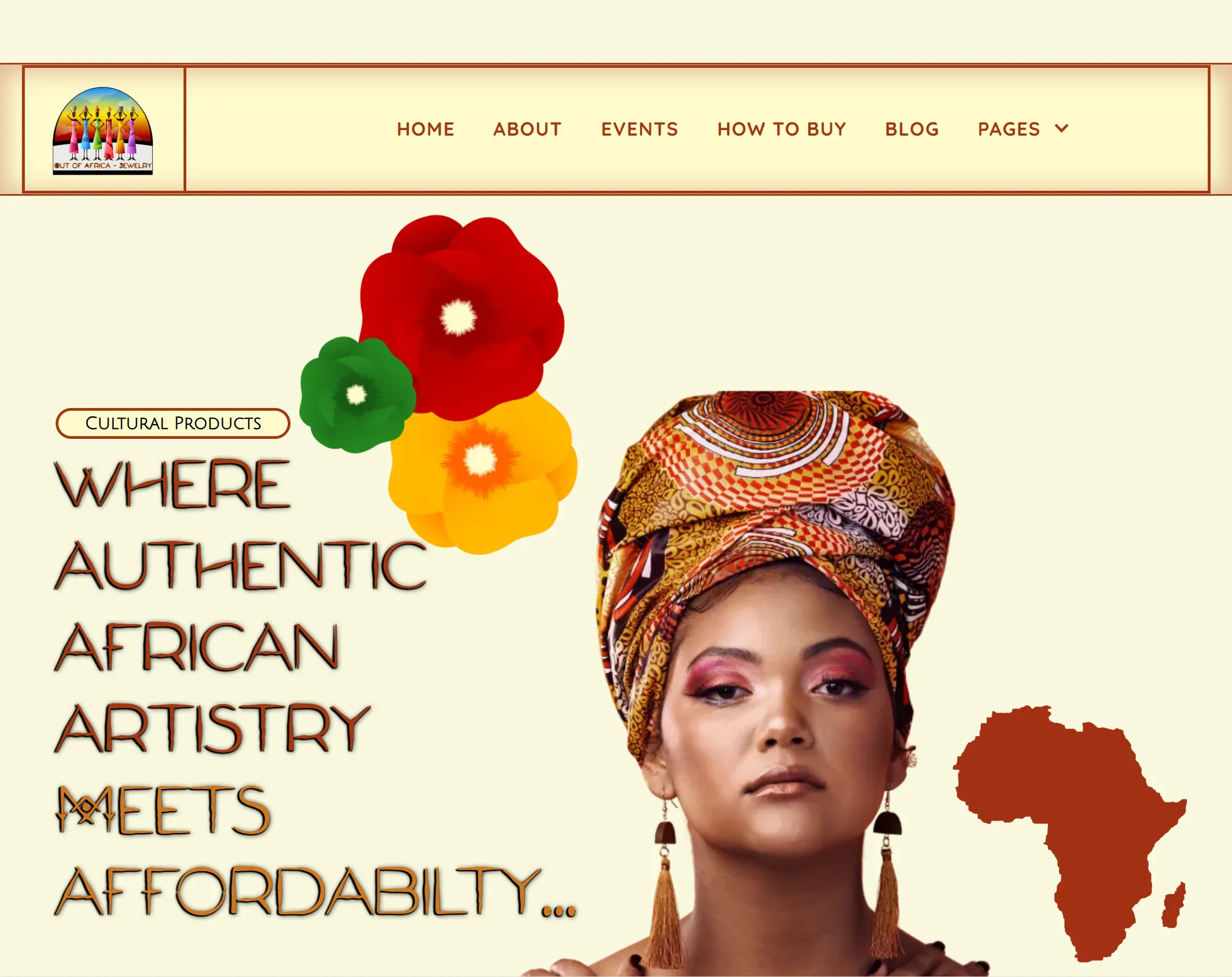 African woman in colorful headwrap promoting authentic cultural products