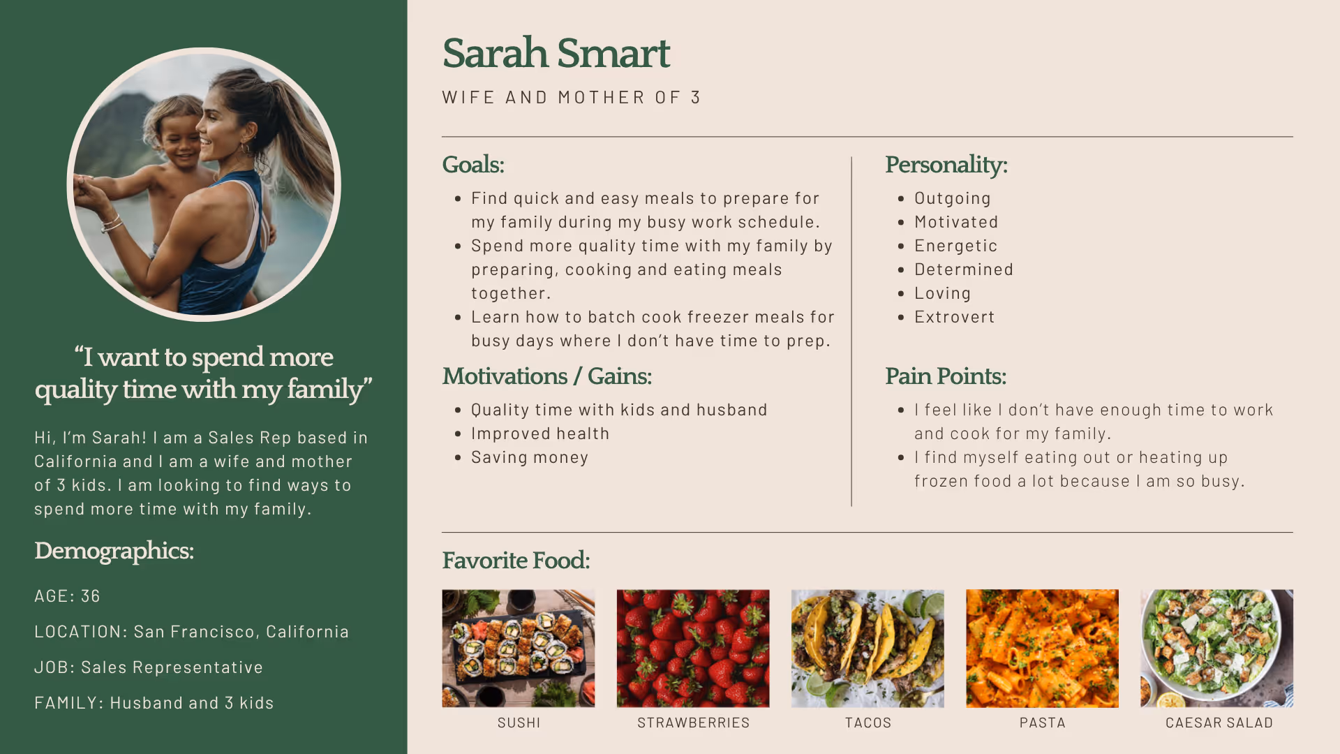 Mother with child, personal profile highlighting family, food, and career goals