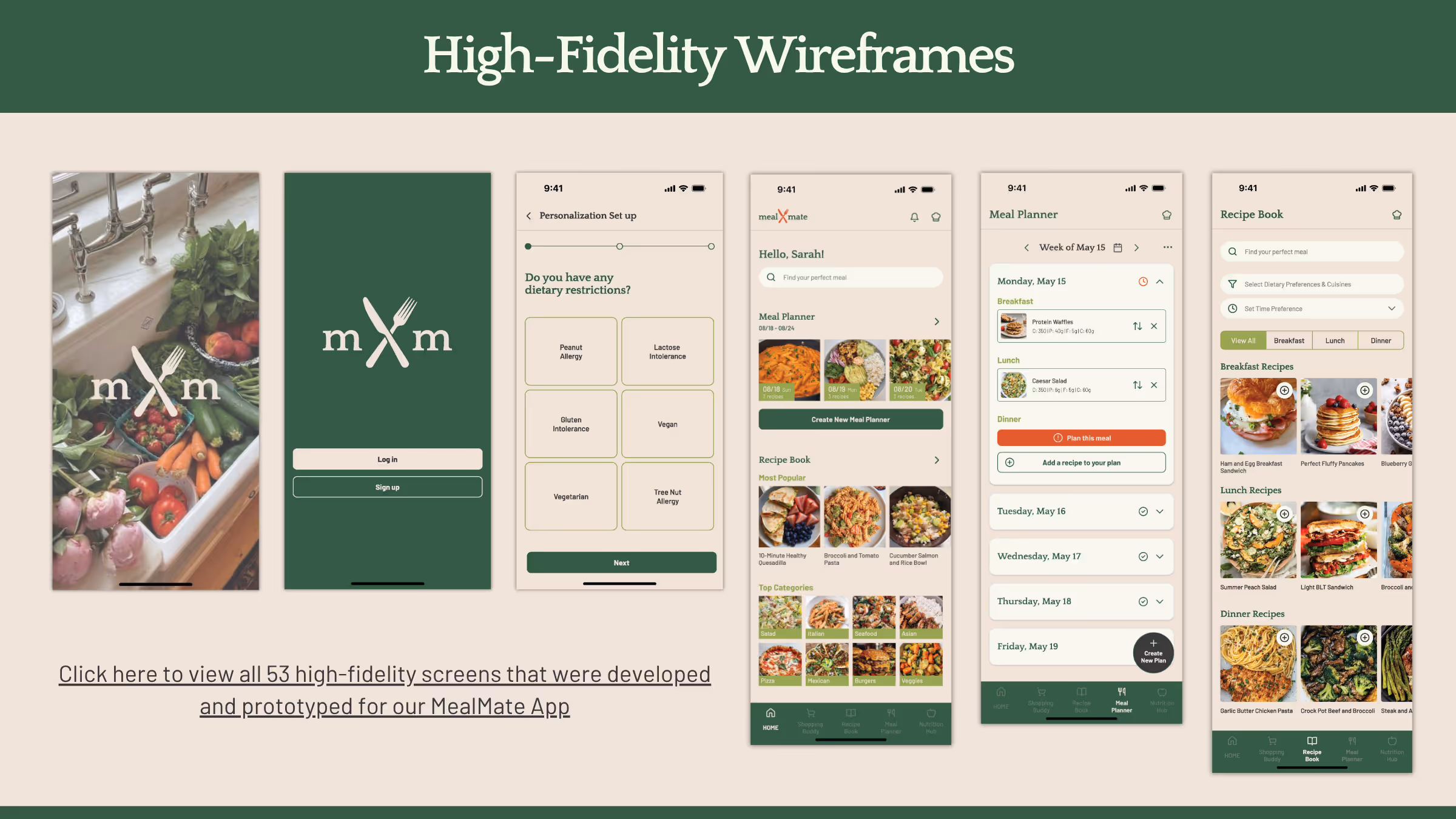 MealMate app wireframes showing personalization, meal planning, and recipes