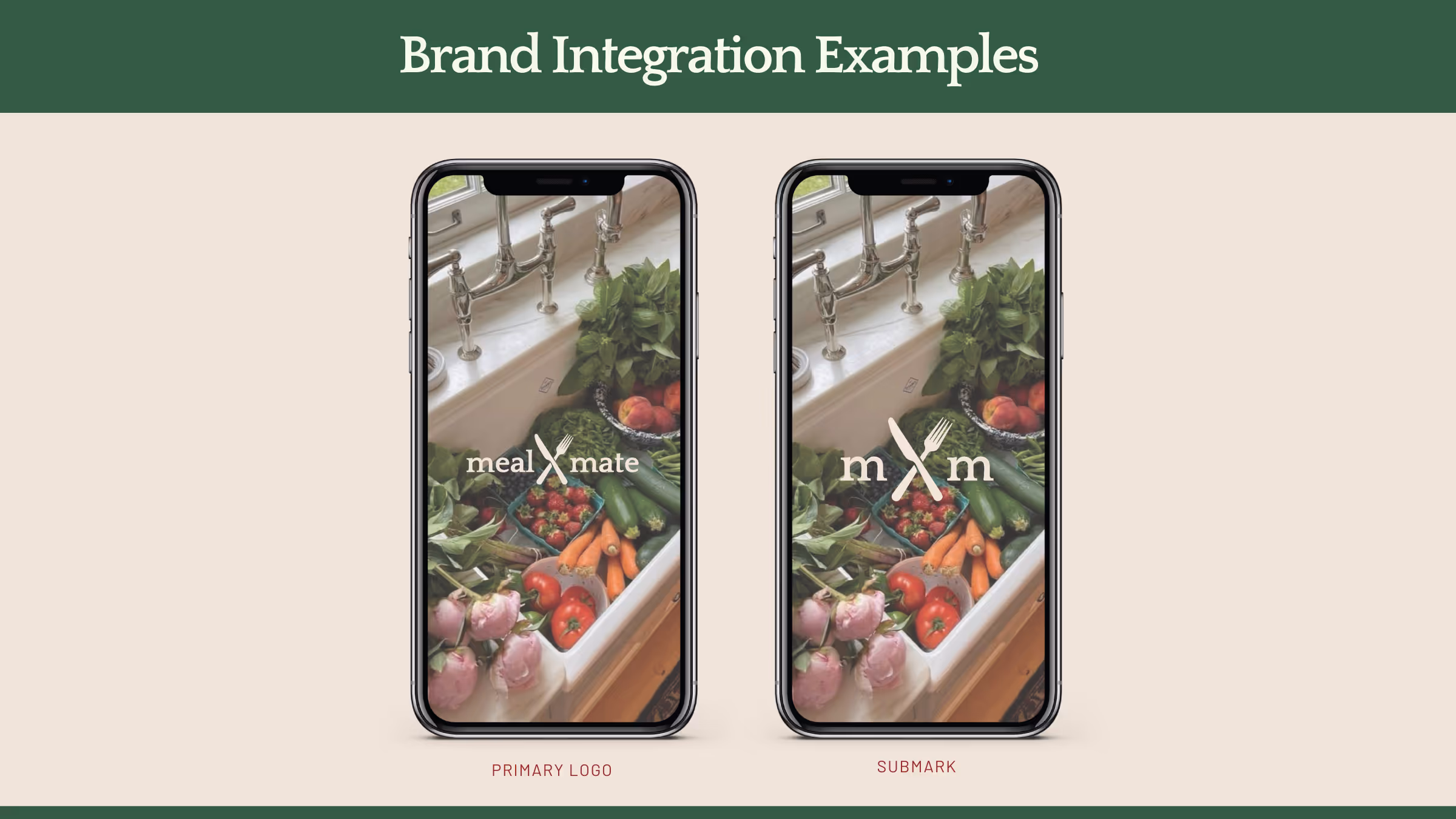 Two smartphone screens showing fresh produce with meal mate branding logos