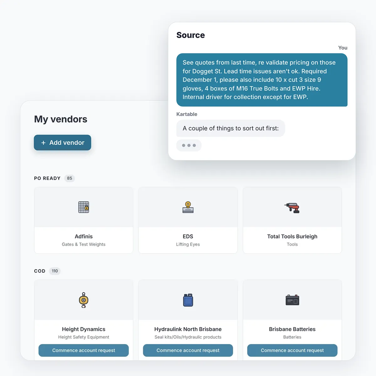 UI image from Kartable showing my Vendors