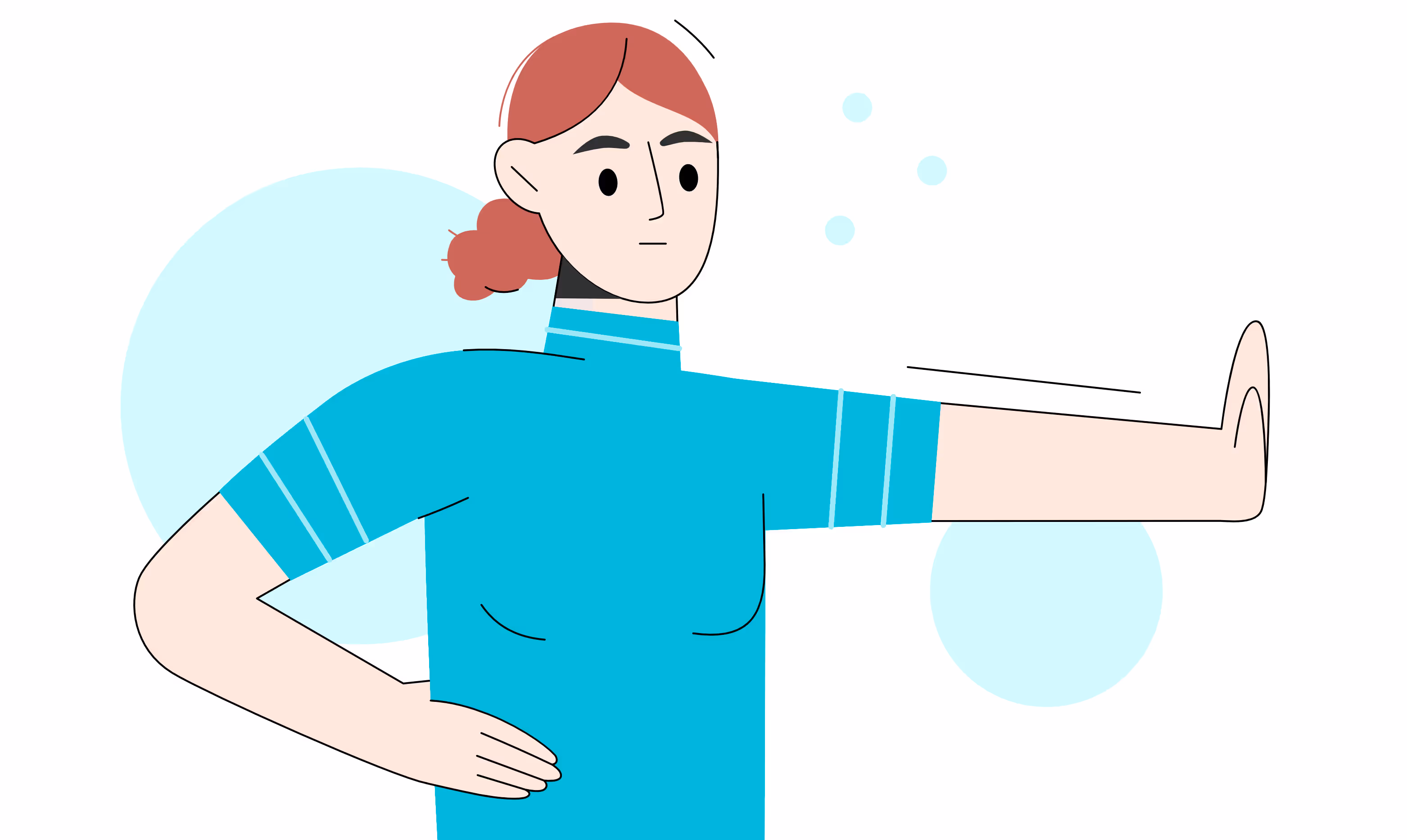 Illustration of a person with red hair in a blue shirt holding one hand on their hip and the other arm extended forward with the palm facing outward as a stop gesture.