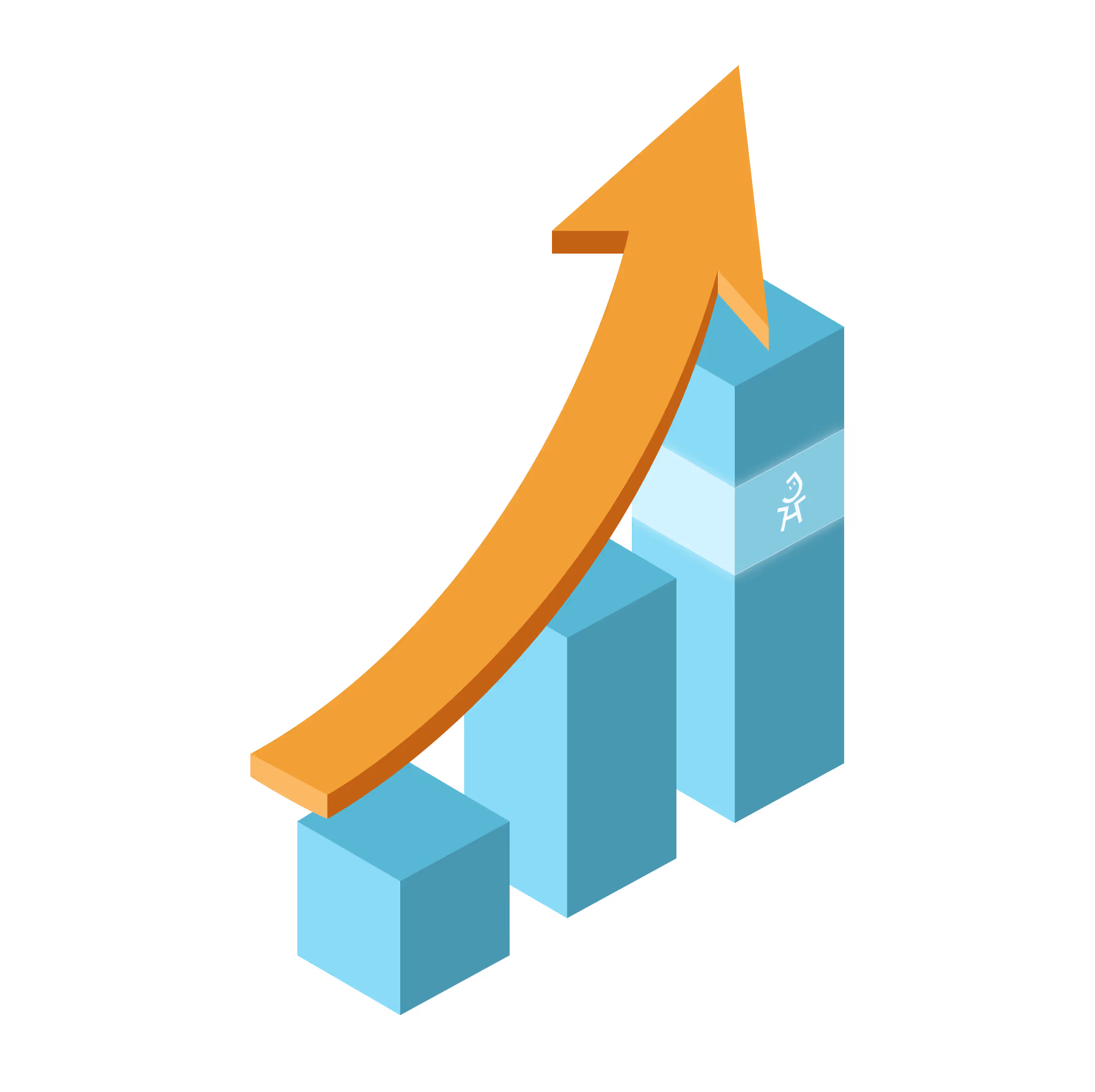 3D bar chart with three ascending blue bars and an orange upward arrow indicating growth.