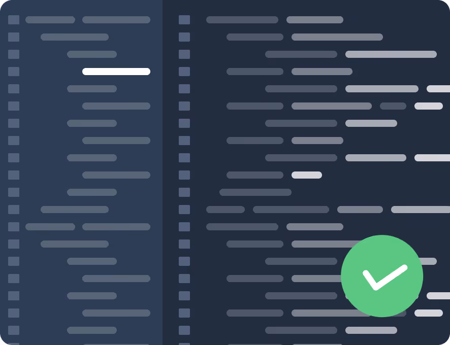 Illustration of computer code lines on a dark background with a green circle containing a white checkmark indicating successful code validation.