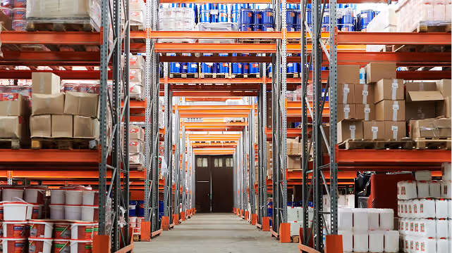 Aisle in a warehouse with tall orange metal shelves stocked with various cardboard boxes and containers.