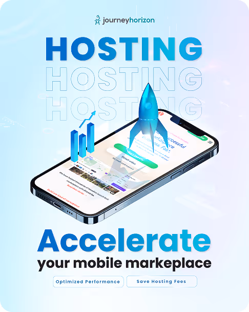 Smartphone with a blue rocket and upward graph icons on screen, with text: Hosting, Accelerate your mobile marketplace, Optimized Performance, Save Hosting Fees.