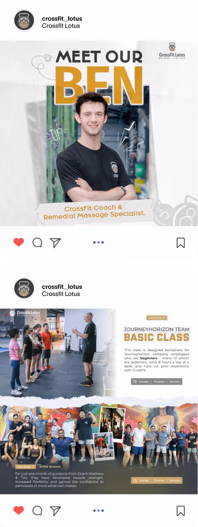 Instagram posts from Crossfit Lotus introducing Ben, a CrossFit coach and remedial massage specialist, and promoting the JourneyHorizon Team basic class designed for beginners with images of group training and a coach instructing.