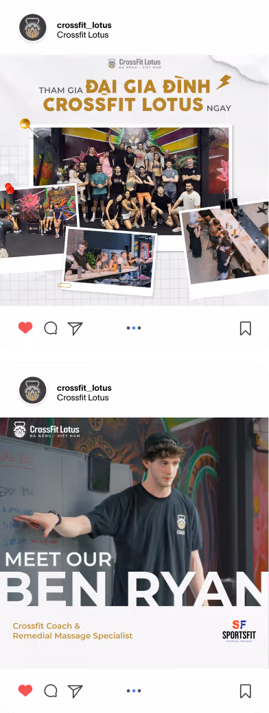 Collage of Crossfit Lotus posts showing a group photo of members at the gym, people engaging in activities, and a coach named Ben Ryan explaining something in front of a whiteboard.