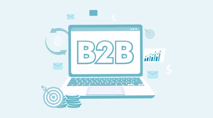 Illustration of a laptop screen displaying 'B2B' surrounded by icons of envelopes, arrows, target with coins, and a rising bar graph.