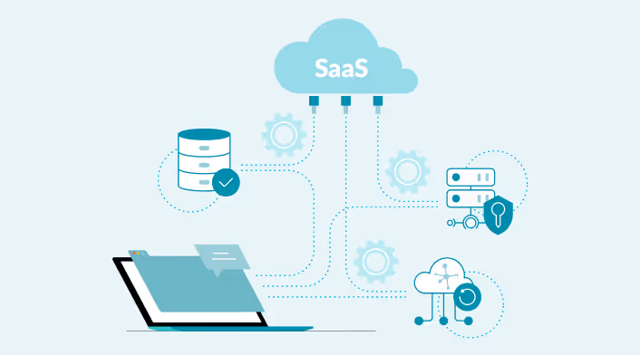 Illustration of SaaS cloud connected to a laptop, database, security shield, and gears representing cloud software services.