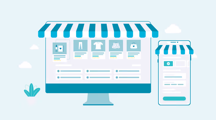 Illustration of a desktop monitor and smartphone displaying an online store with product categories and a storefront awning.