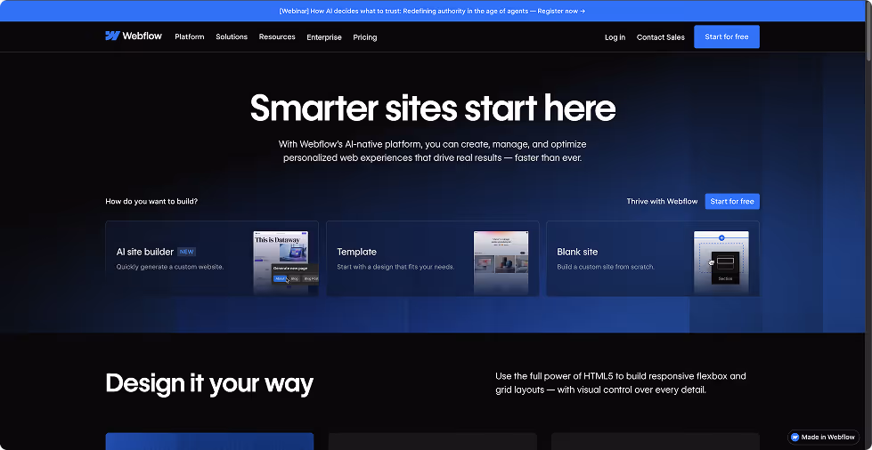 Webflow homepage section showing options to build smarter sites with AI site builder, template, or blank site, featuring a dark blue gradient background.