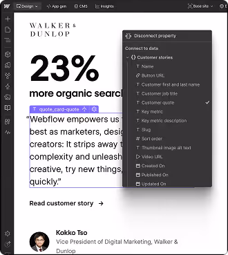 Screenshot of a Webflow dashboard showing a 23% increase in organic search, with a customer quote highlighted and customer story details below.
