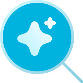 Blue magnifying glass icon with two white sparkle shapes inside representing search or clarity.