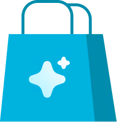 Blue shopping bag icon with two sparkle shapes on its front.