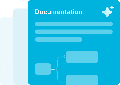 Blue rectangular card titled Documentation with lines and flowchart boxes representing content.
