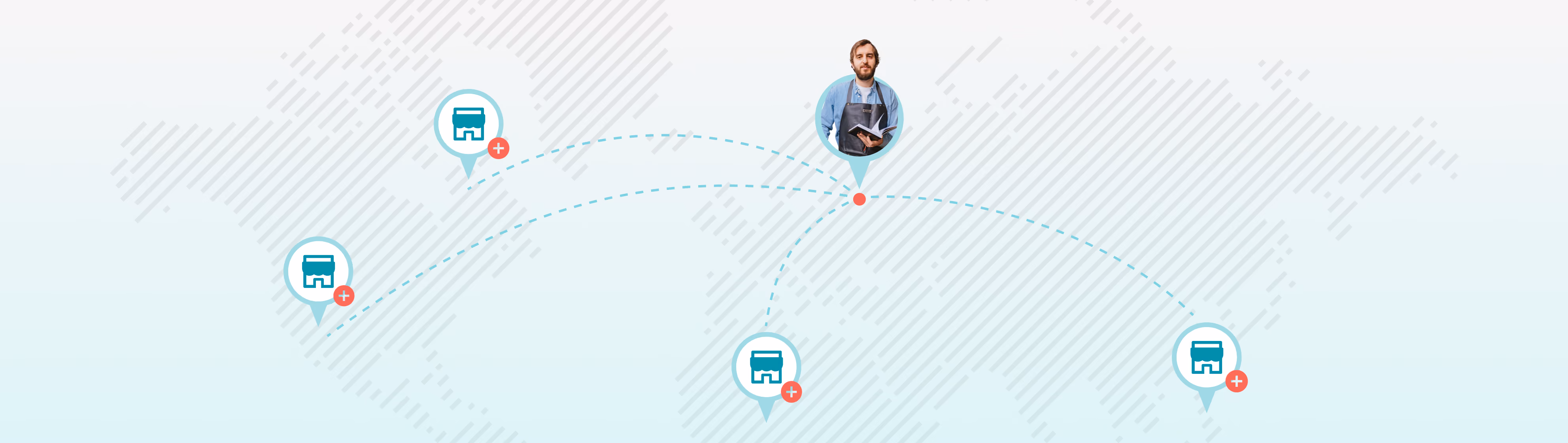 World map with a central man icon connected by dotted lines to four store icons in different regions.