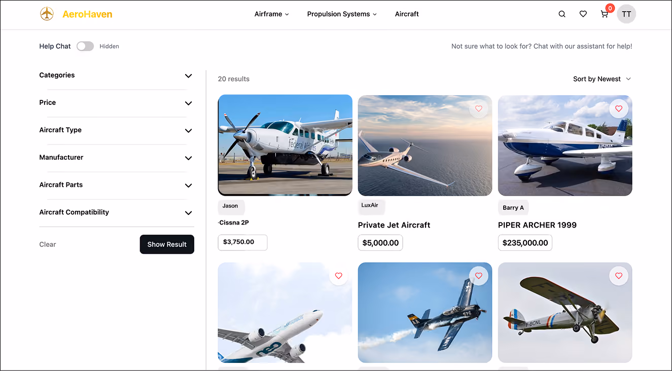 AeroHaven aircraft marketplace page showing various planes like Cessna 2P and private jets with prices.