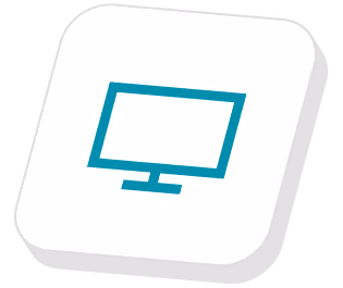 Icon of a teal computer monitor on a white, tilted square button with shadow.