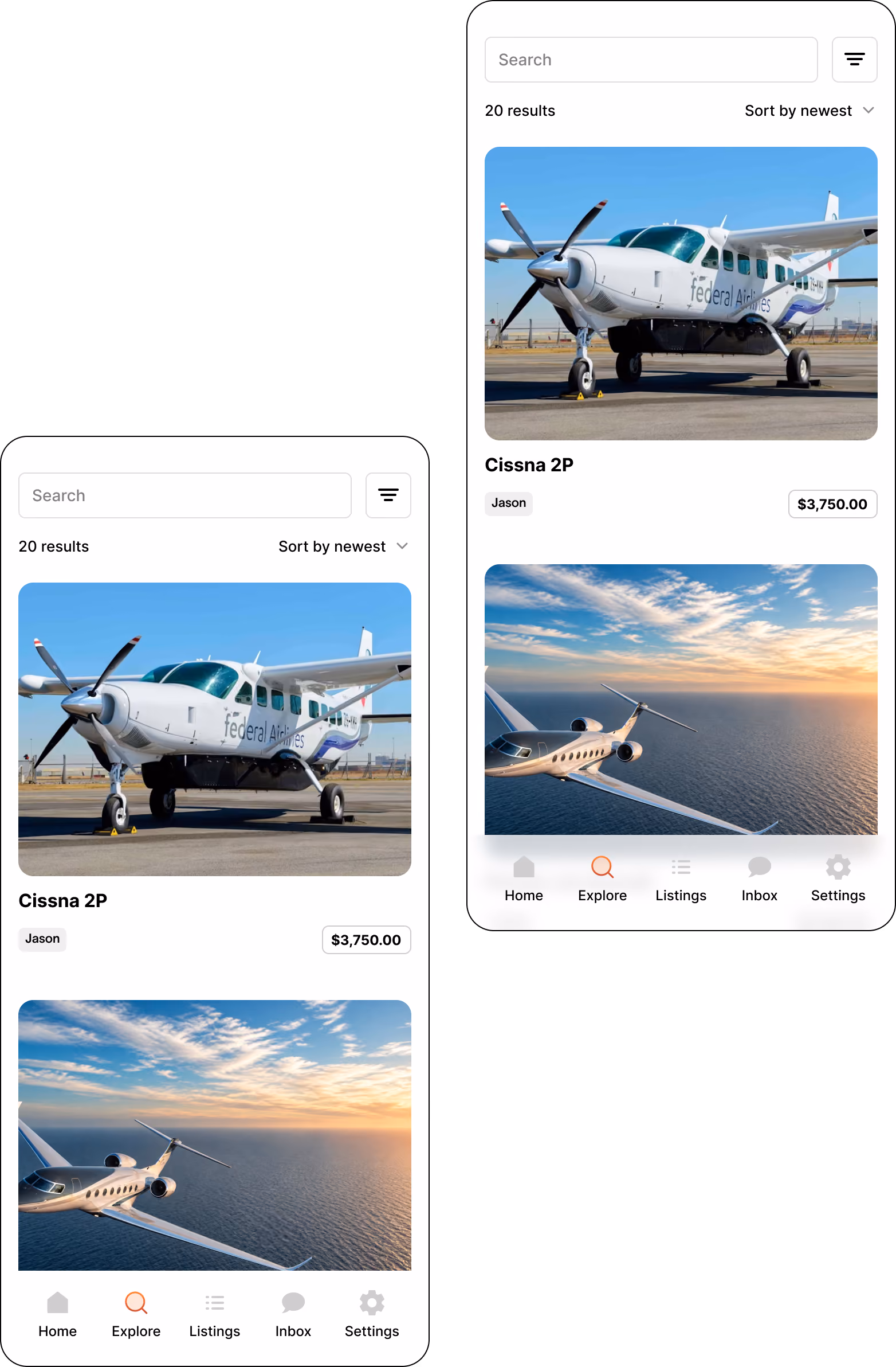 Mobile app interface showing airplane listings including a Cessna 2P and a private jet over ocean at sunset.