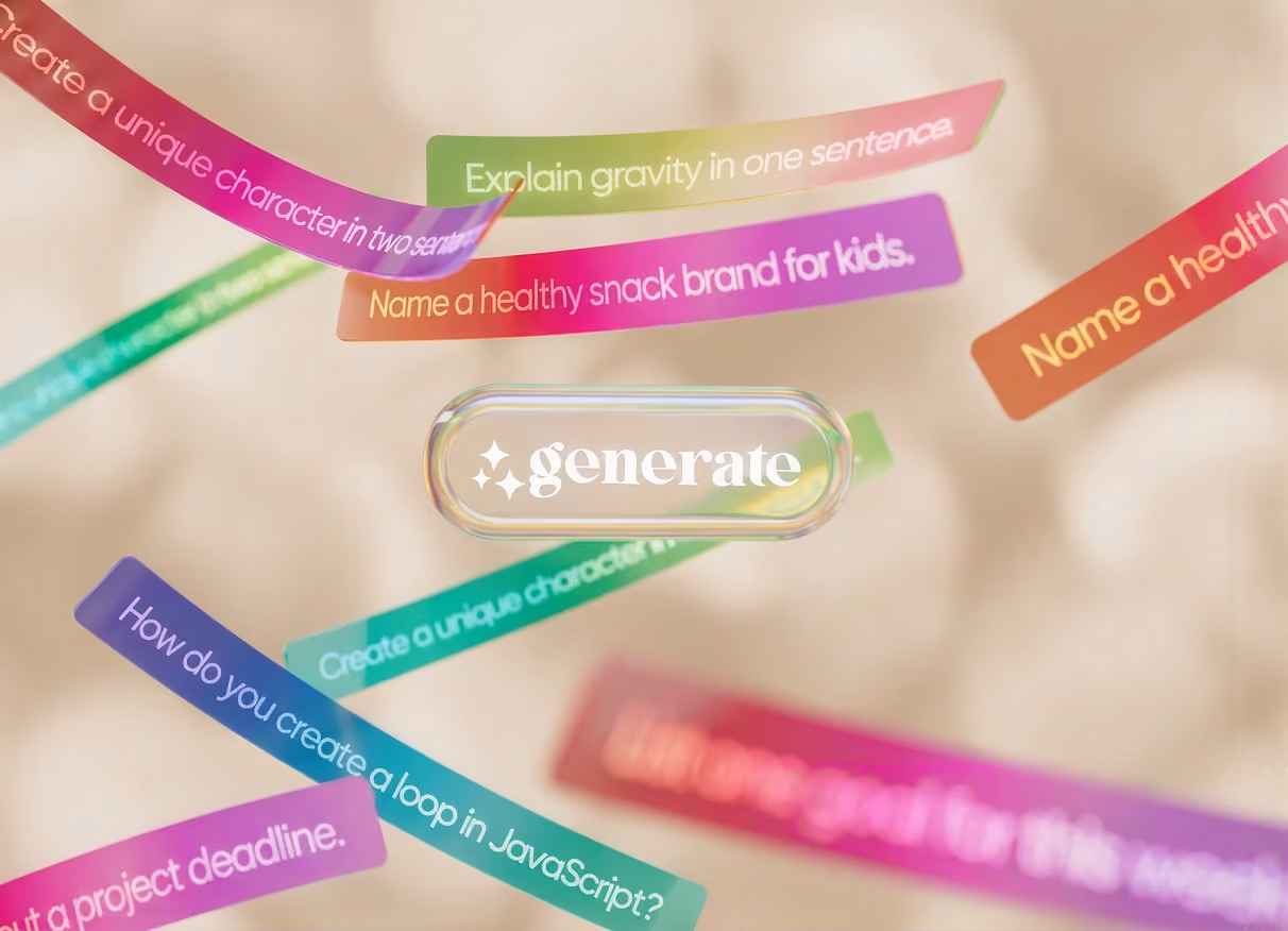A glossy glass Generate button in the middle with prompts floating around.