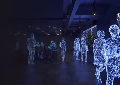A dark office of people made by light points. Showing the next level of an AI office.