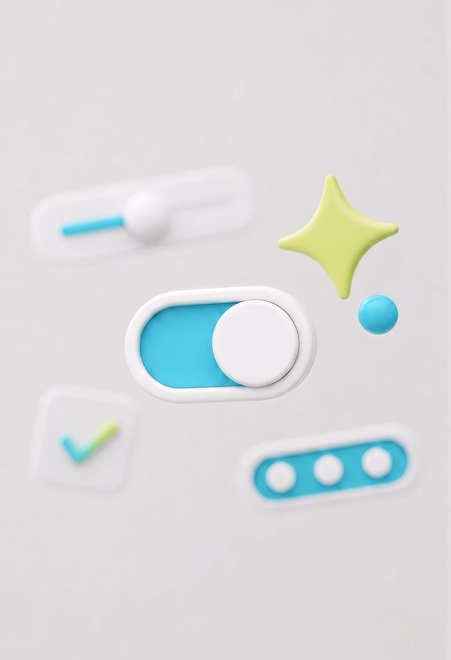 3D control elements like toggle, checkbox, slider, ... floating around, showing Journeyhorizon's control on AI tools.