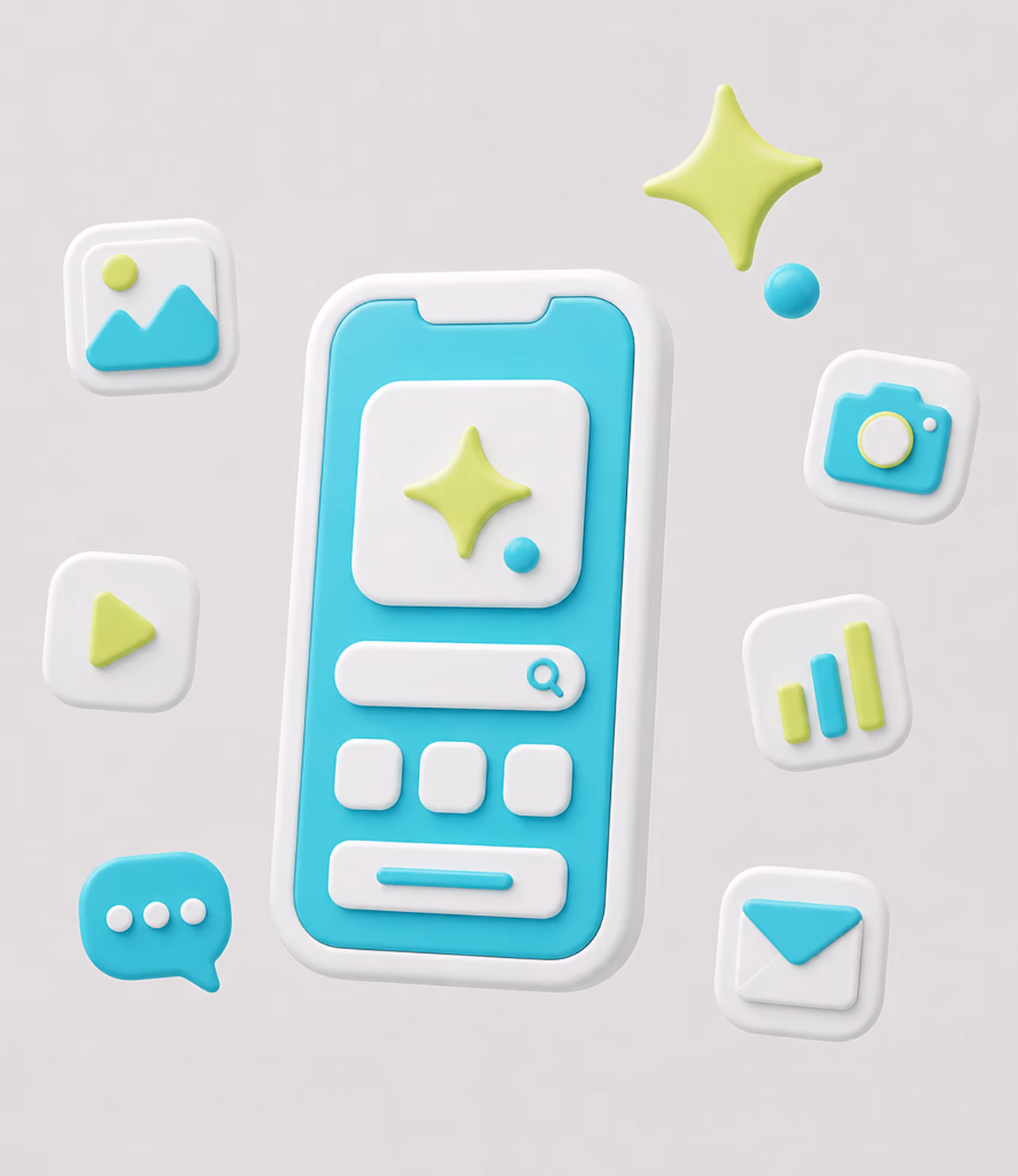 3D scene with mobile as the center and other icons floating around