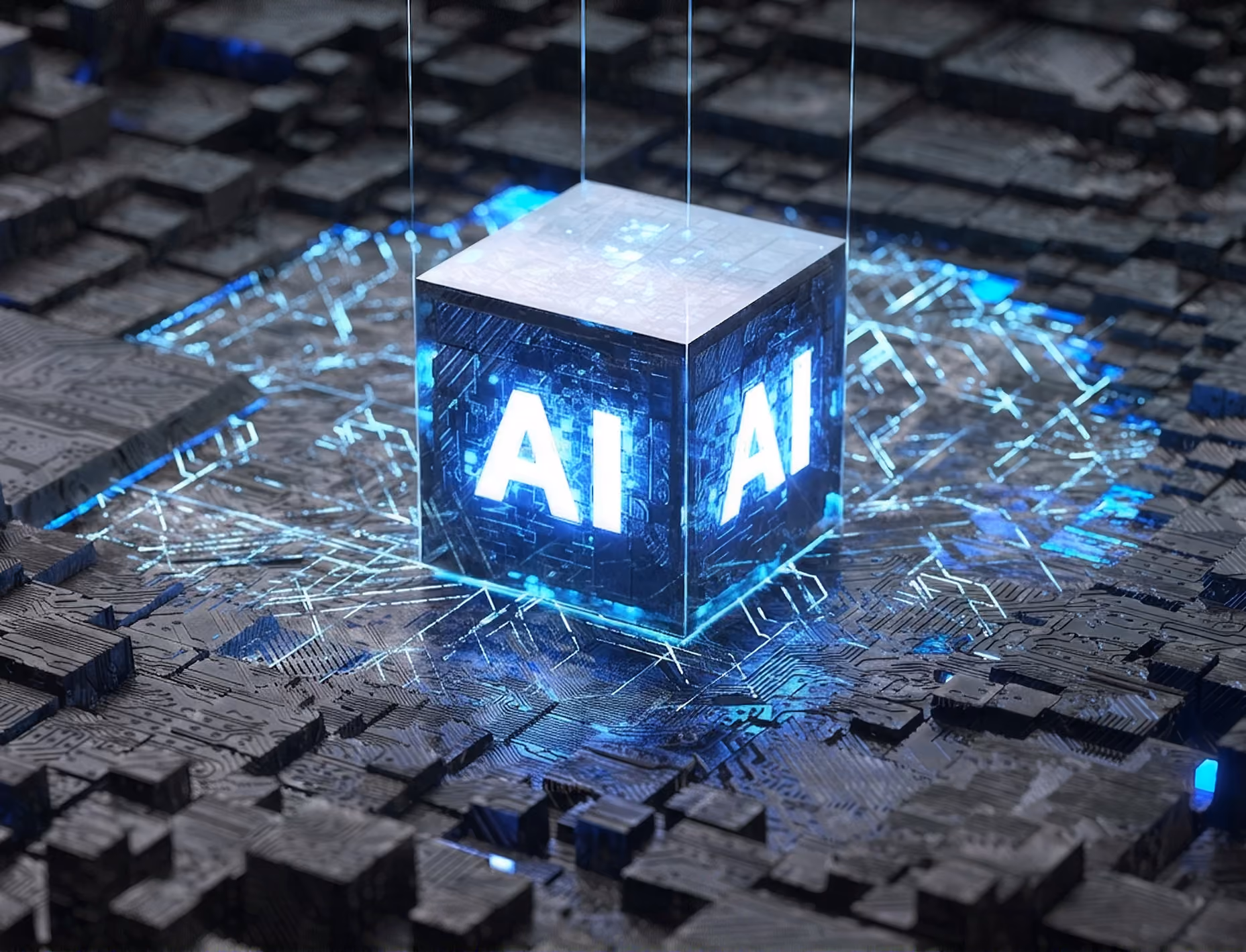 AI 3D scene with a glowing cube in the center