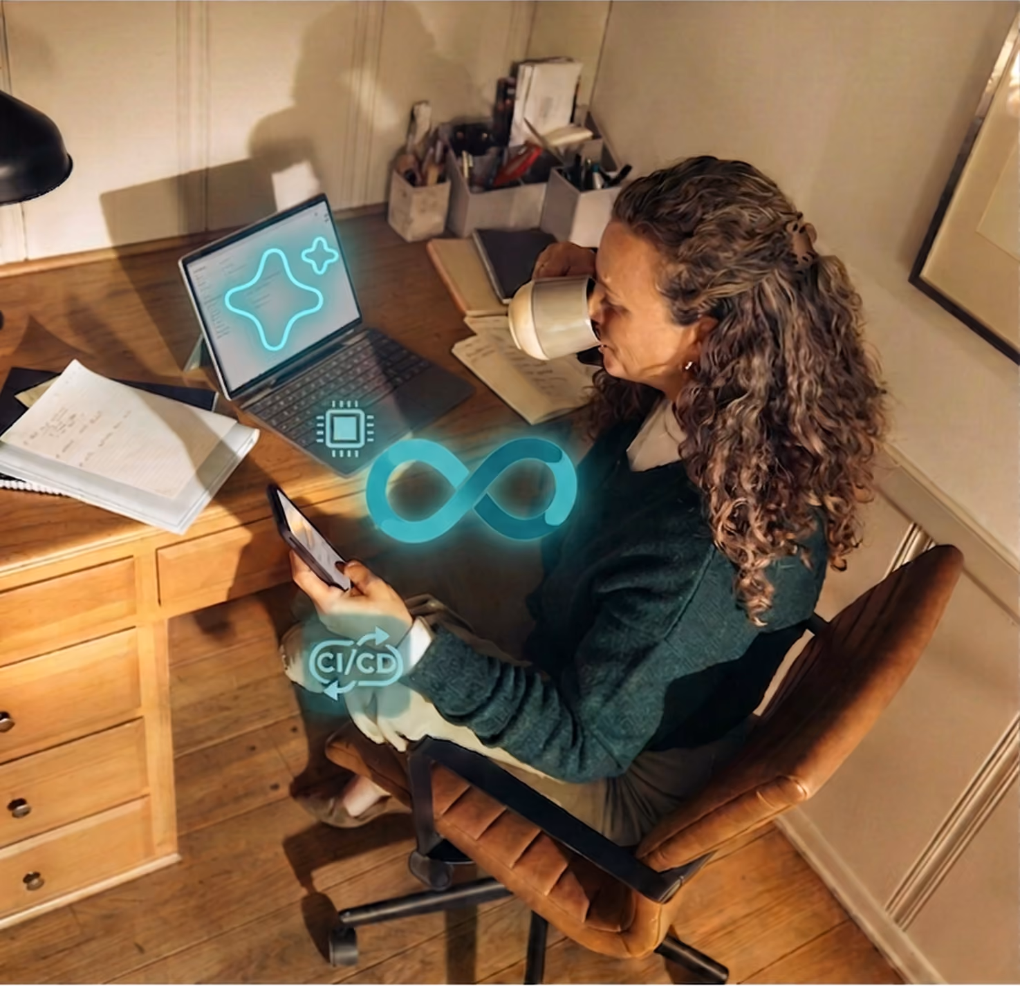 A person using mobile and laptop with DevOps icons and AI icons floating around
