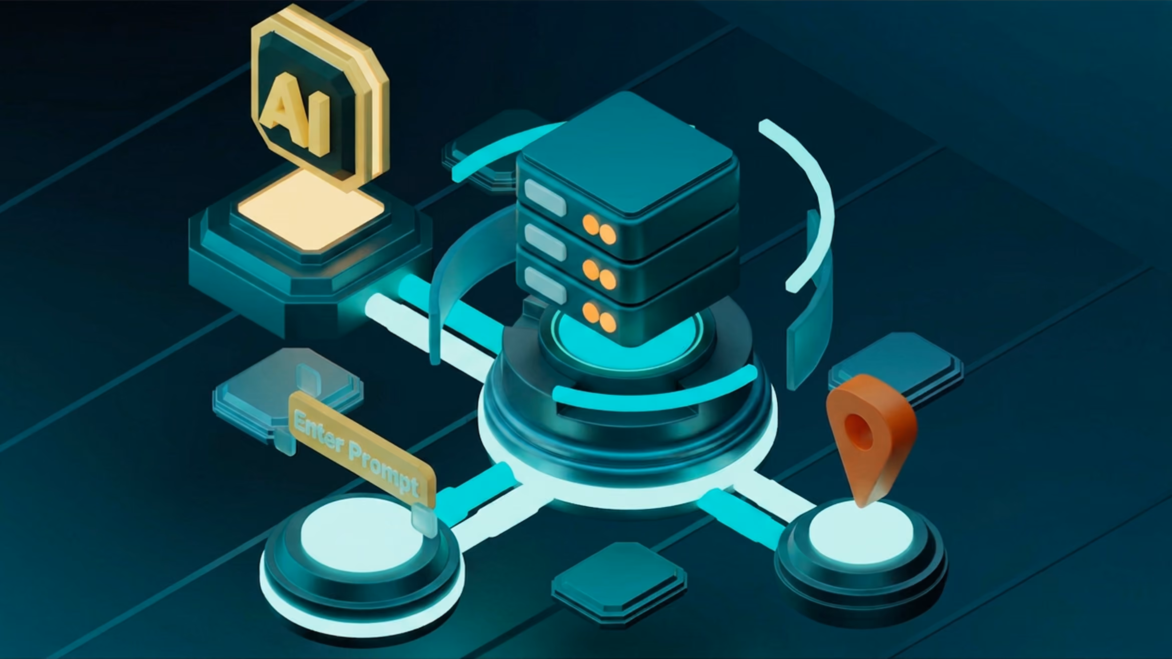 A 3D illustration of DevOps process, futuristic in teal vibe.