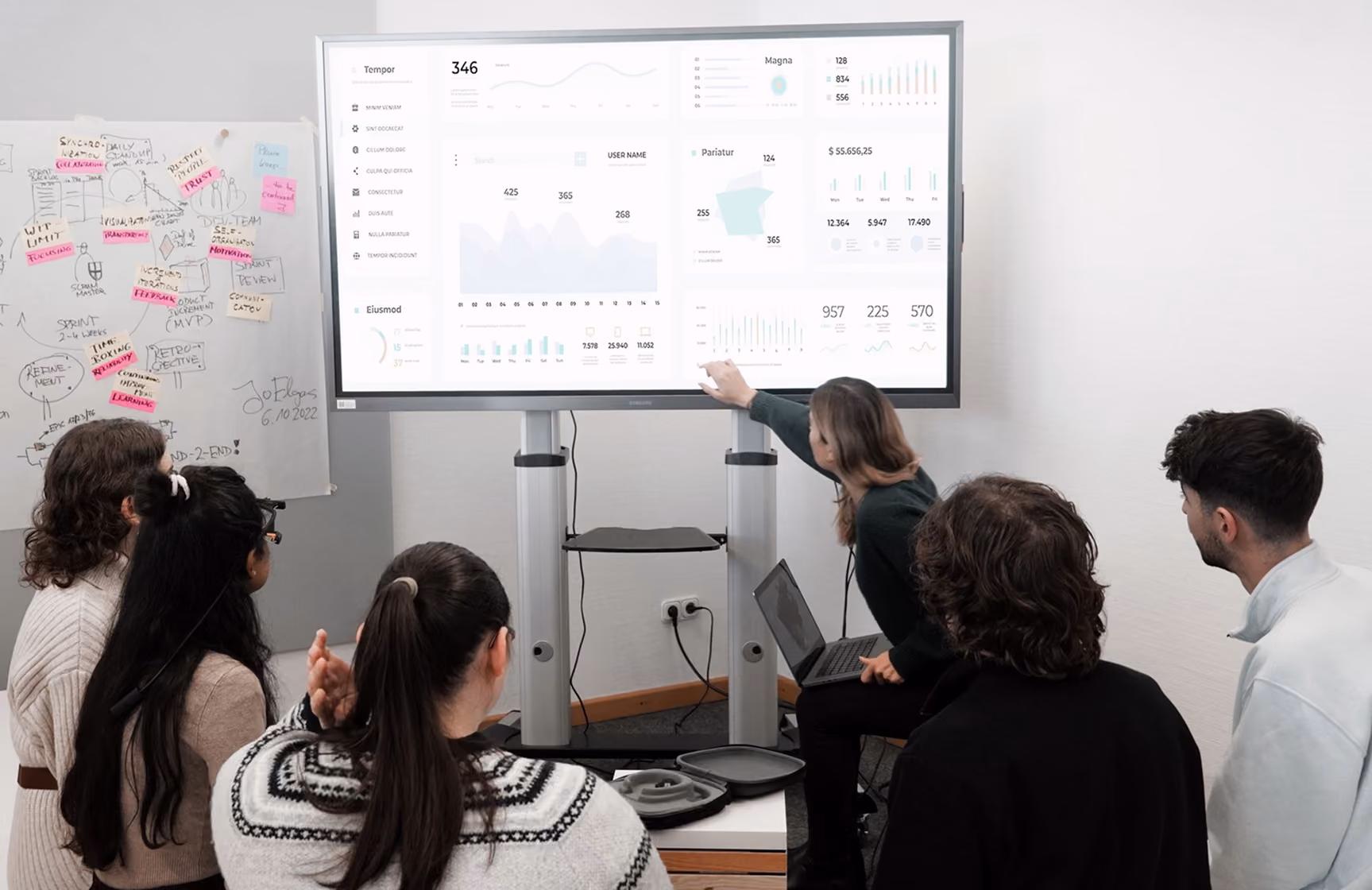 Team meeting viewing data on a dashboard on the TV stand screen